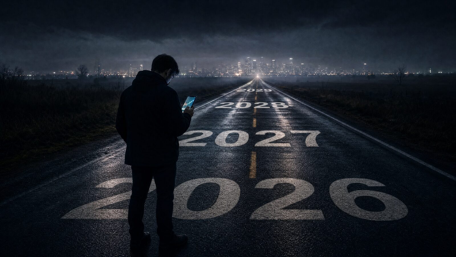 A trader looking at a phone while standing on a road marked 2026, with 2027, 2028 and 2029 painted further ahead