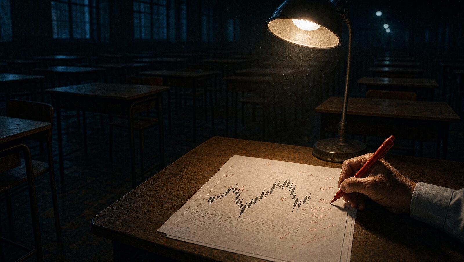 An exam paper printed with a candlestick chart being marked in red pen in an empty examination hall