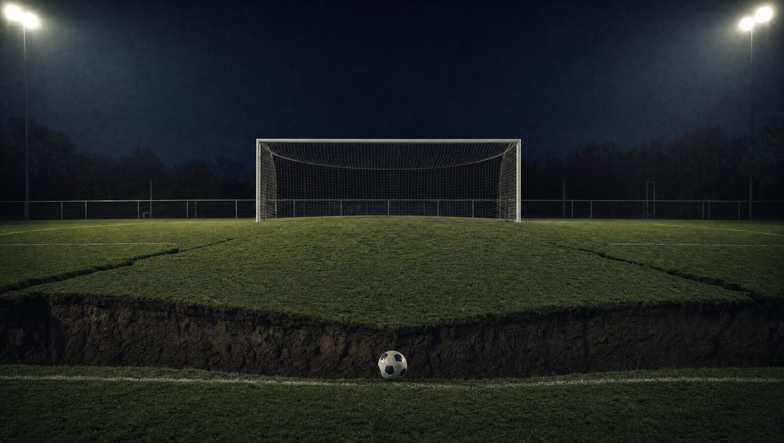 Football goalposts standing level under floodlights while the pitch in front of them has dropped away