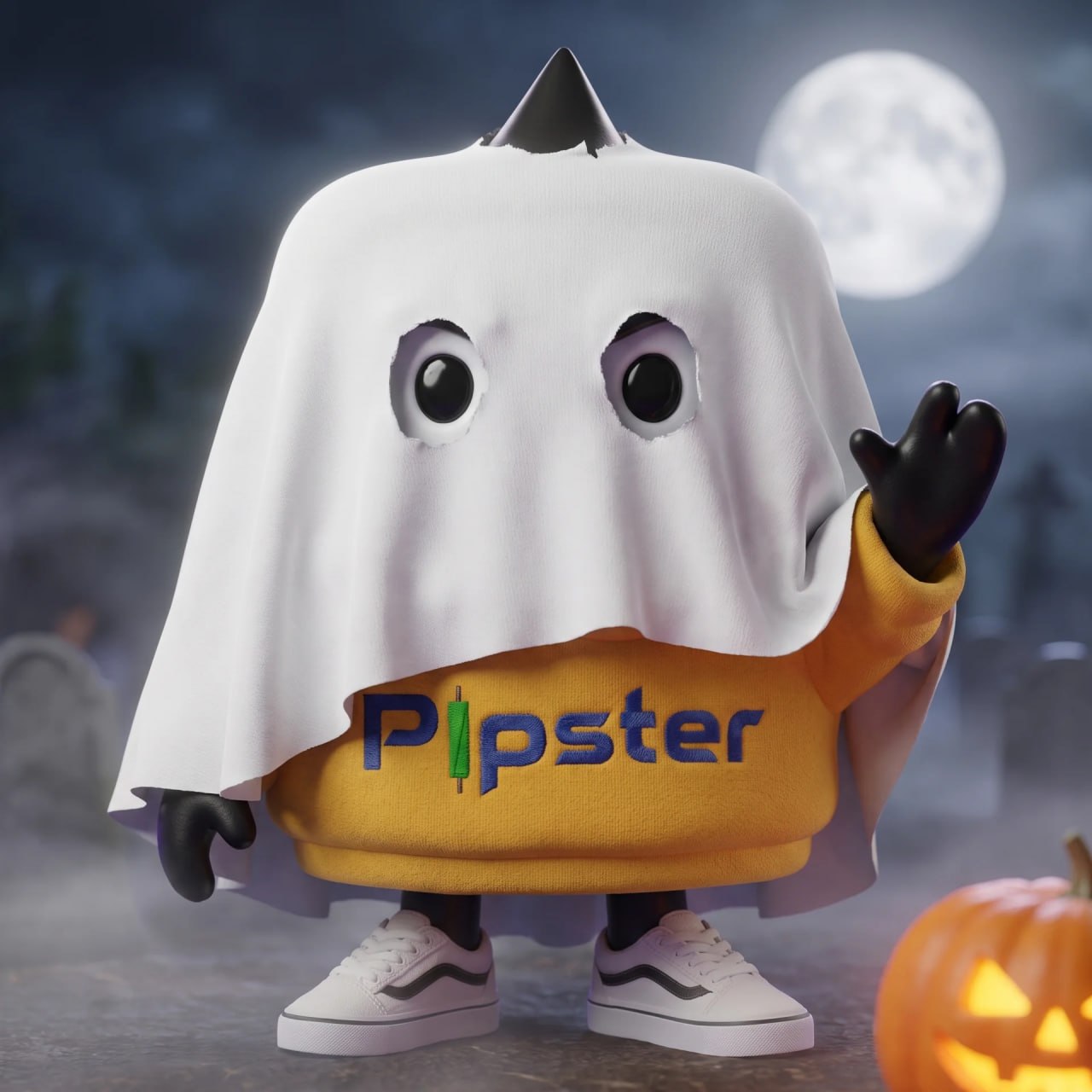 Pip dressed as a ghost beside a glowing pumpkin